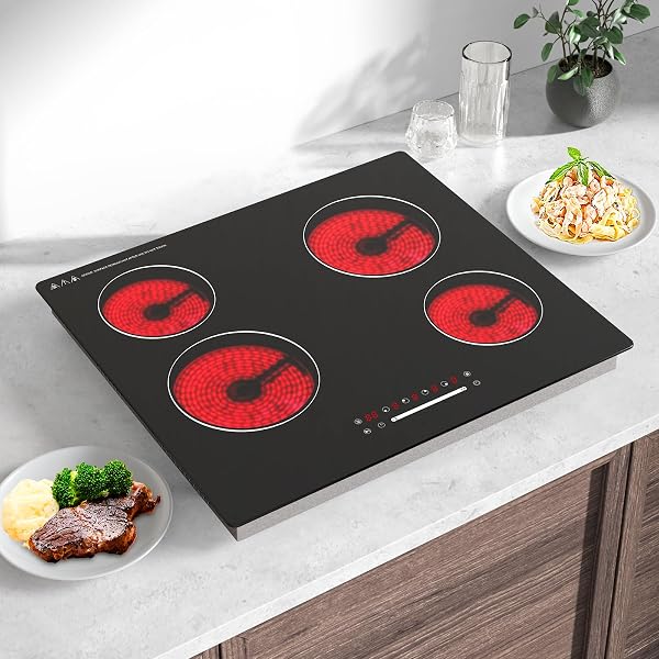 60cm Electric Ceramic Cooktop 4 Zones, 6000W Built-in Glass Ceramic Hob, Slider Touch Control, Single Ring Cooking Zones,No Plug 560×490mm - 1