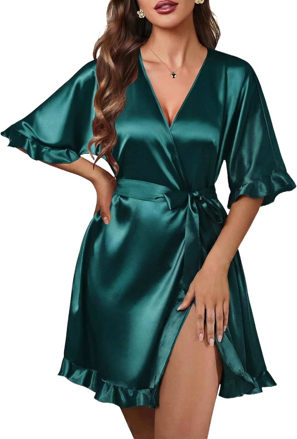 Ekouaer Silk Robes for Women Short Lightweight Bathrobe Ruffled Satin Kimono Robes Sexy Bride Bridesmaid Sleepwear