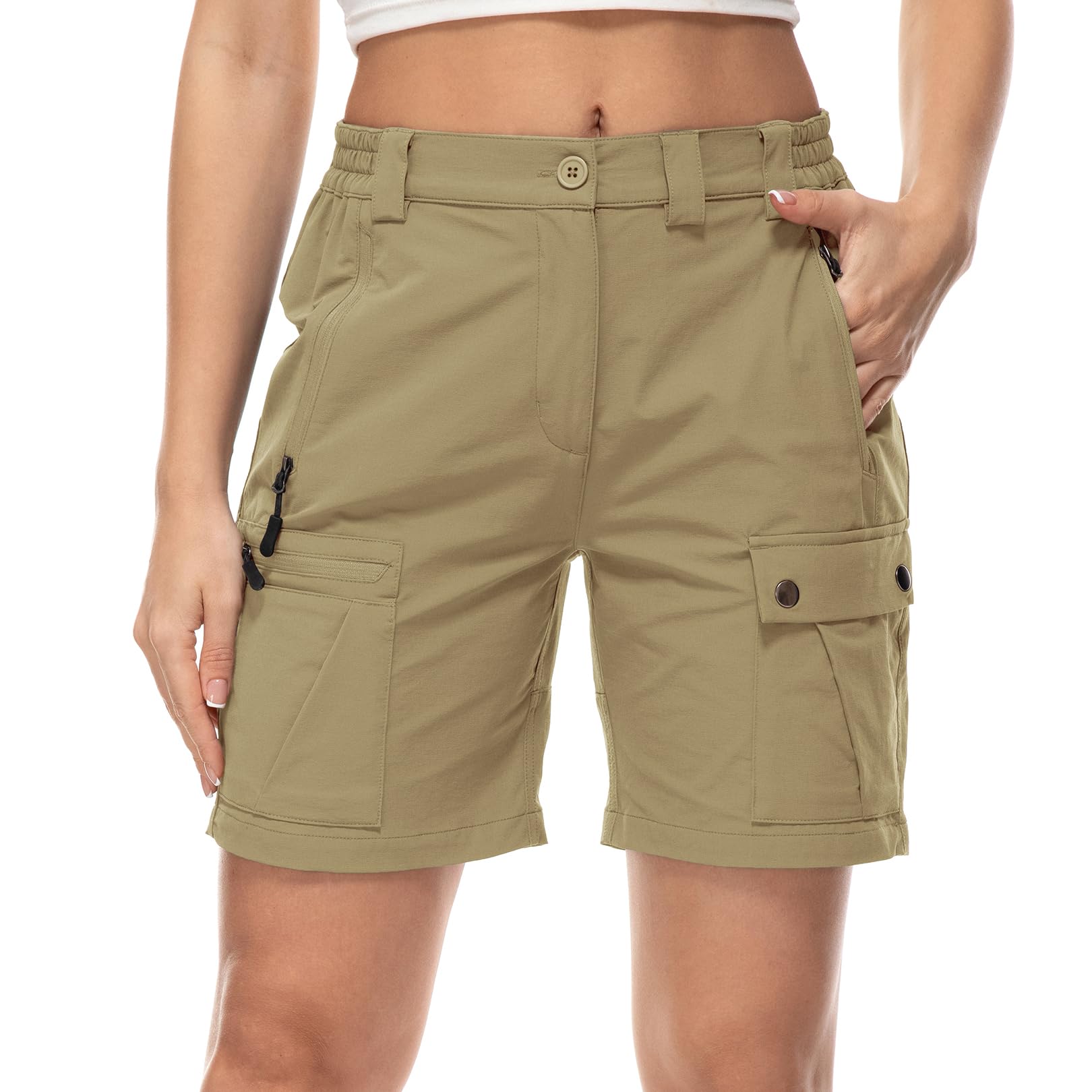 Jogwits Damen Hosen Kurze Sommer Shorts Cargo Hose Knielang Bequeme elastische leichte Schnelltrocken Outdoor Sporthose für Reisen und Wandern mit 4 Taschen