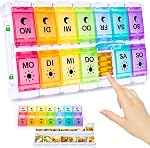 Weekly Pill Organizer 2 Times a Day Easy Fill Design, 7 Day Pill Box Am Pm with Push Button, Large Compartment Pill Container Medicine Organizer, Morning Night Pill Holder 14 Day for Fish Oil/Supplements