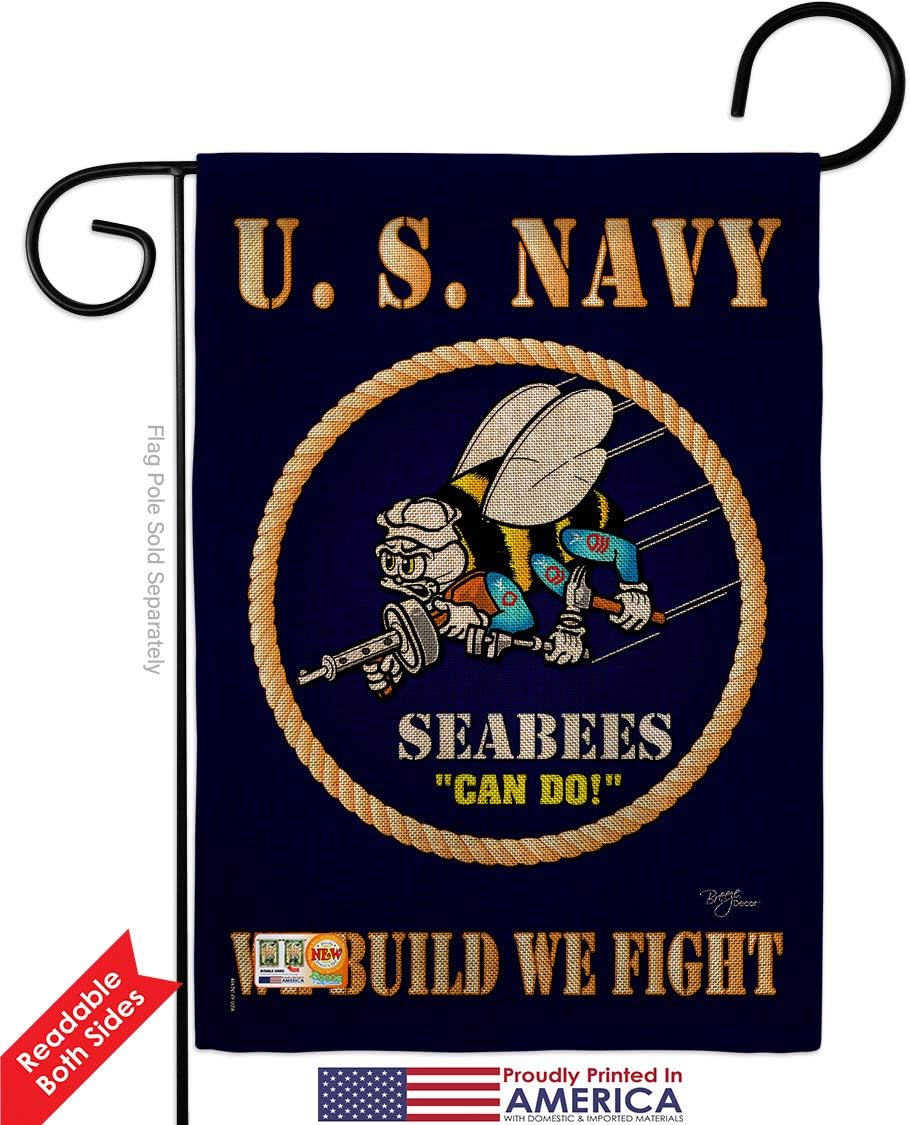 Breeze Decor Sea Bees Burlap Garden Flag Armed Forces USN Seabee United State American Military Veteran Retire Official Small Decorative Gift Yard House Banner Double-Sided Made in USA 13 X 18.5