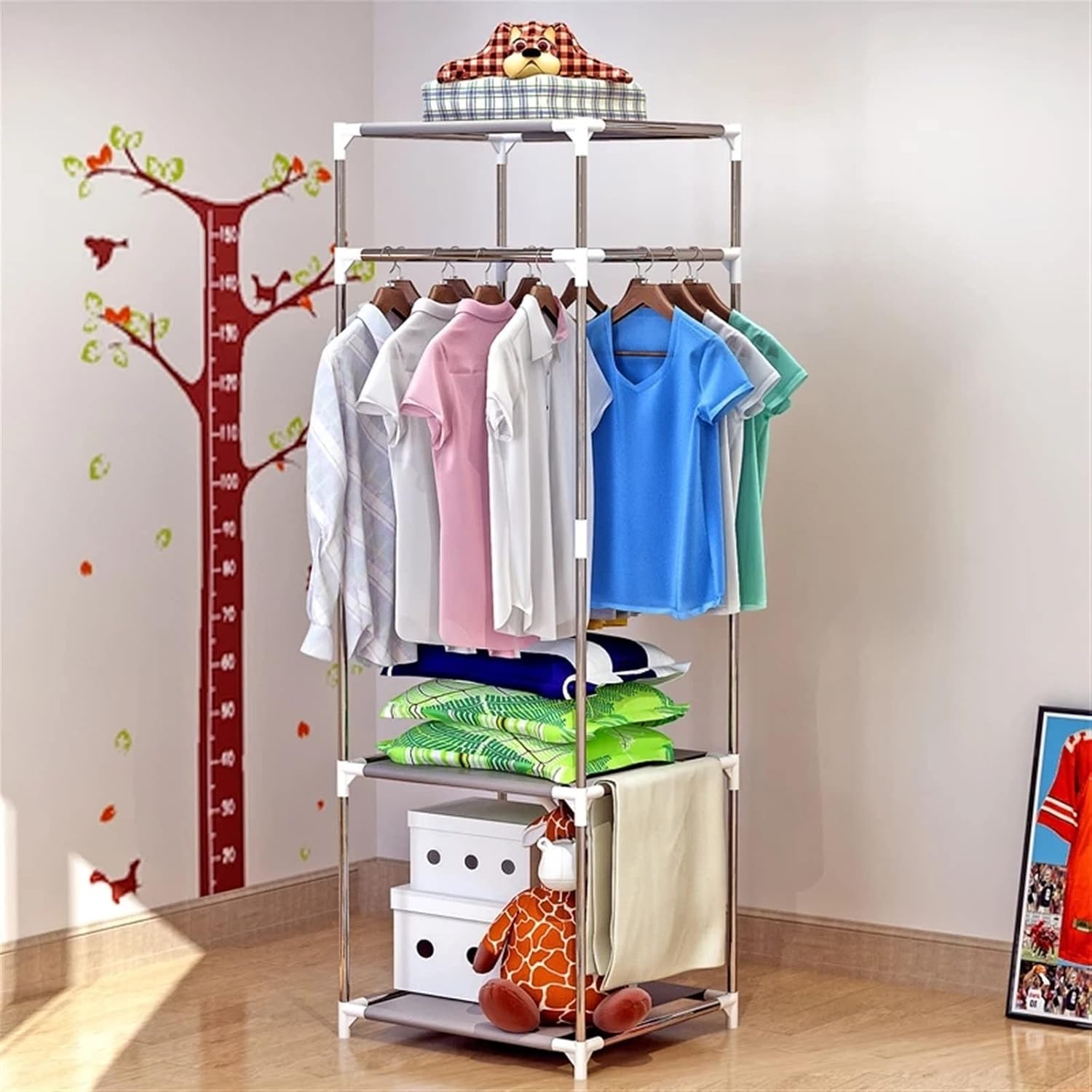 Combined Closet Metal Wardrobe 3 Layer Clothes Coat Rack Bedroom Floor Hanging Clothes Storage Shelves 140cmx42cmx42cm Balcony Drying Racks Combination Closet
