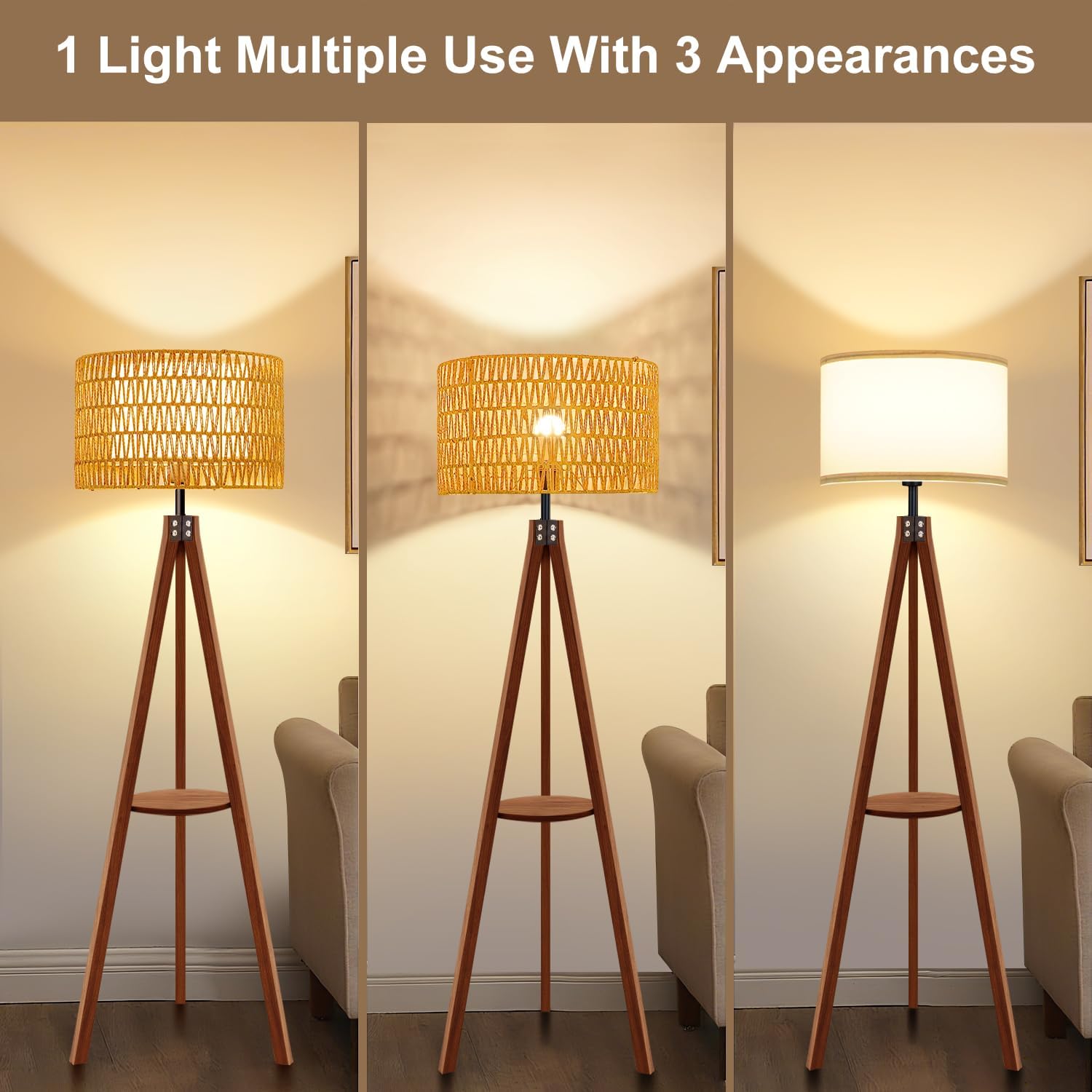 Vinaco Boho Tripod Floor Lamp with Shelf, Double Lampshades Mid-Century Standing Lamps, 3 Color Temperatures Wicker Floor Lamp, Foot Switch Rattan Tall Lamps for Bedroom, Living Room, Office