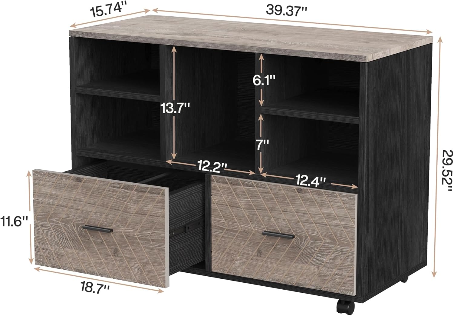 Close-up of Tribesigns 2-Drawer Wood File Cabinet features: open storage, drawers, and casters