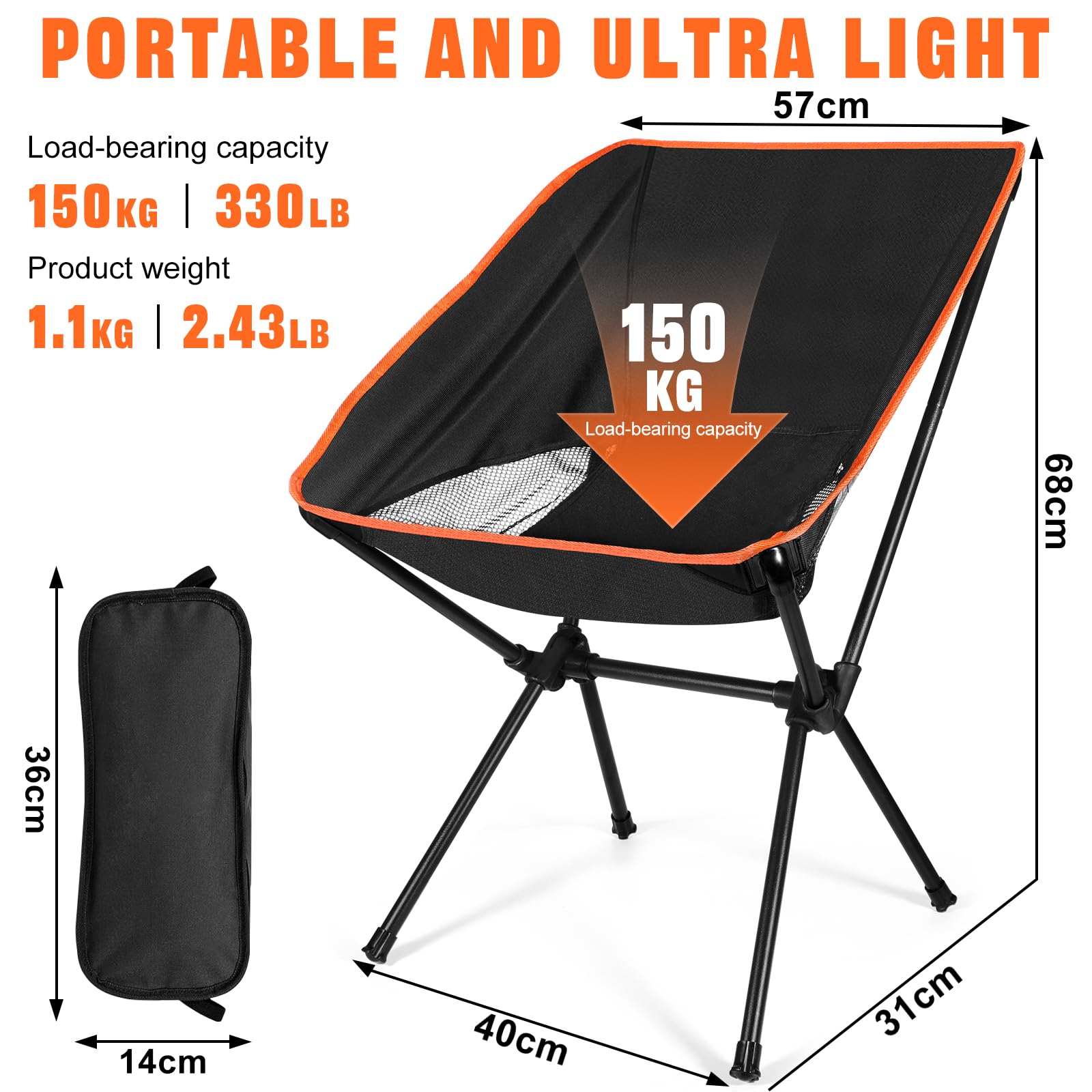 Sedia Pieghevole Campeggio Portatile Max Portata 200 kg Sedia da Campeggio Pieghevole con Borsa da Trasporto Sedie per Pesca, Escursionismo, Picnic, Campeggio, Spiaggia, Prato, Concerti
