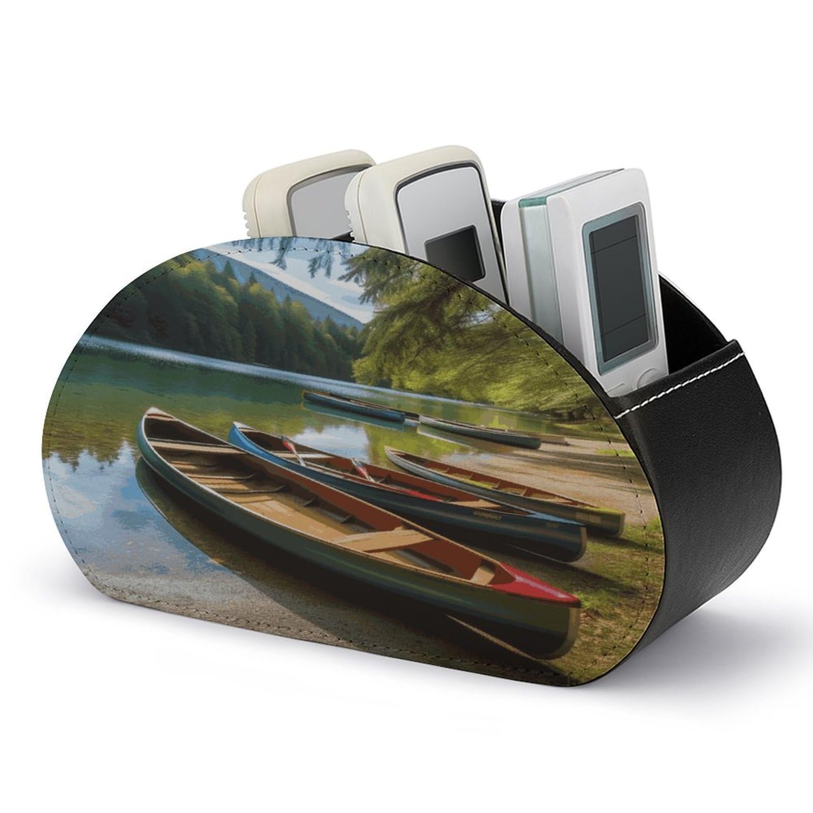 JTREHY Lake with Boats Canoes Park Remote Control Holder 5 Compartments Remote Caddy Tray PU Leather TV Remoter Storage Box Bedside Table Storage Organizer Office Desk Storage Case