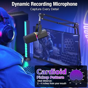 zealsound XLR USB Dynamic Gaming Microphone with Boom Arm, kd8s | with Mute Button, Gain Control and Monitor Jack, plug and Play Mic for PC and Phones, for Podcast, Streaming, Recording