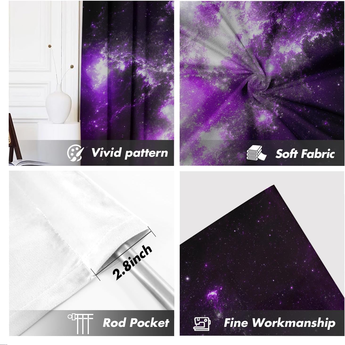 Purple Galaxy Curtains 42" W x 63" L Space Star Outer Black Universe Planets Nebula Starry Sky Fantasy Darking Cool Kids Boys Design Living Room Bedroom Window Drapes Treatment Fabric 1 Pair
