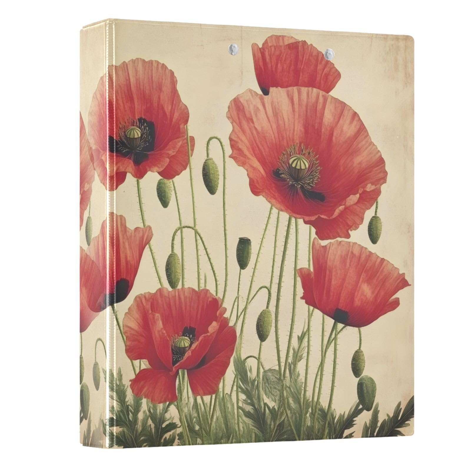 3 Ring Binder Red Poppy Flowers Vintage Poppies Floral 1.5 inch Binders Three Ring Binders with Clipboard Fit 8.5'' x 11'' Paper 3 Interior PVC Clear Pockets for Office Supplies