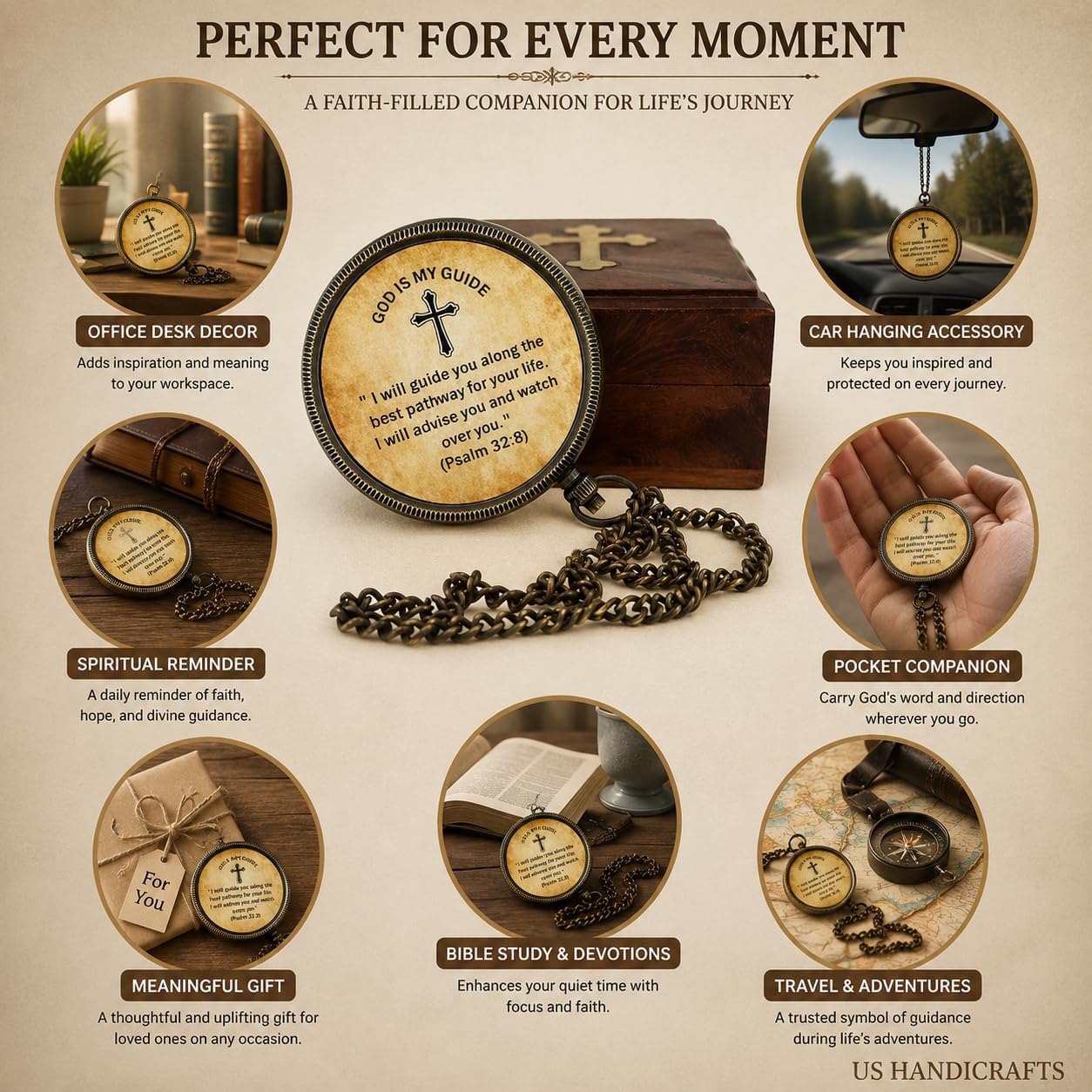 Handmade Brass Antique Compass with Wooden Case – Vintage Finish Functional Pocket Navigation Tool for Travel, Hiking & Gift (#5 - I Will Guide You - Antique Locket Compass) image 4