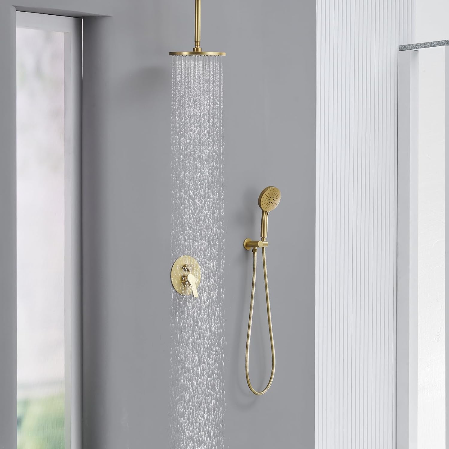 Iriber Shower System Ceiling Mounted Shower Faucet Mixer Set with Luxury High Pressure Shower head and 3-Setting Handheld, Bathroom Shower Trim Kit Contain Pressure Balance Valve,Brushed Gold