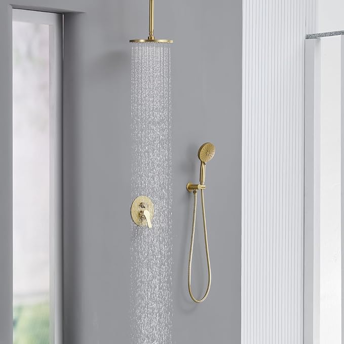 Juego de Grifería para Ducha de Techo Iriber con Duchador de Lluvia de Alta Presión y Manija Manual de 3 Modos, Kit de Acabado para Baño con Válvula Equilibradora de Presión, Dorado Cepillado miniatura 2