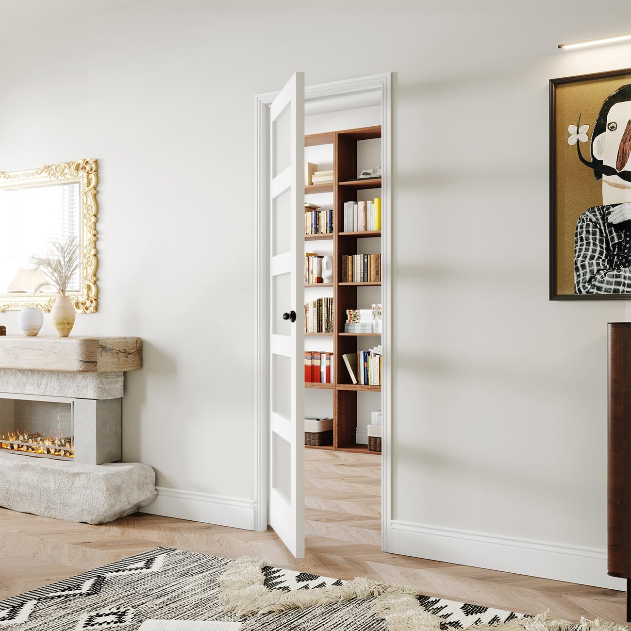 24"x 80" Frosted Glass French Door Slab, White 5 Lite Pantry Door with Black Knobs &amp; Lock, Easy to Assemble Interior Doors for Bathroom, Bedroom, Laundry