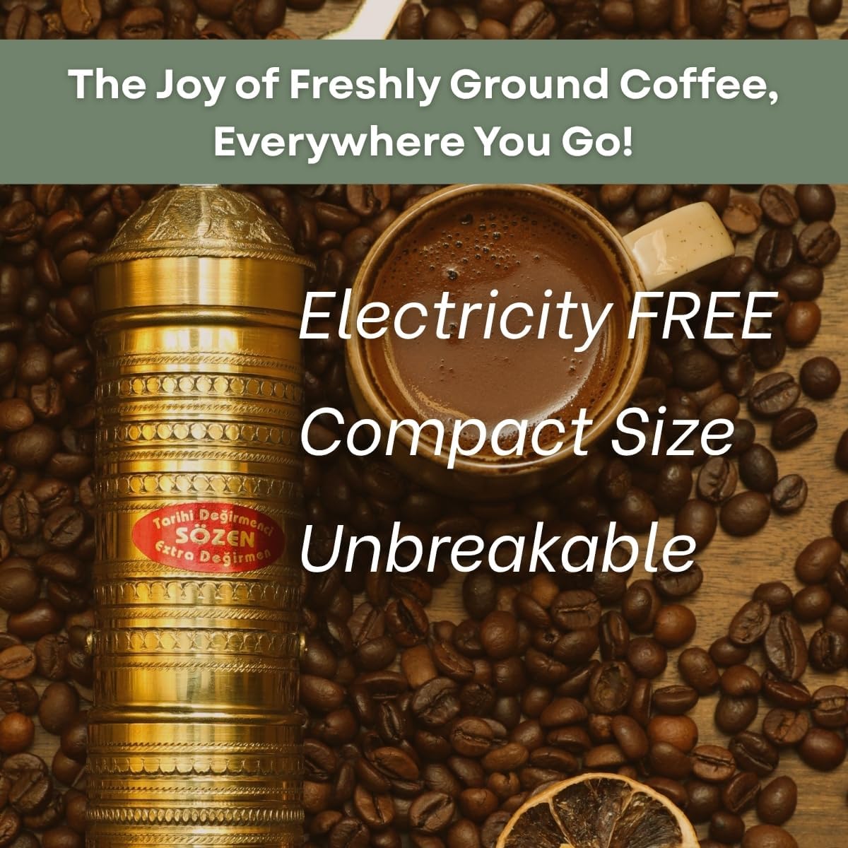 Sozen Hammered 9" Manual Coffee Grinder Brass – Hand Crank Burr Mill for Turkish Coffee, French Press, Espresso, Camping & Home Use – Portable Coffee Bean Grinder, Adjustable Conical Grinder