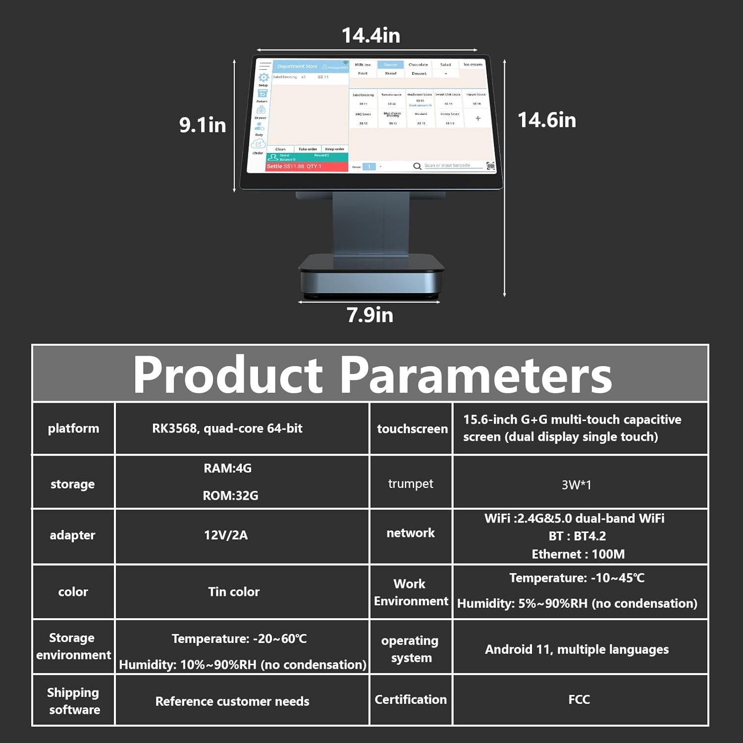 MR.BOSS 15.6" Android HD Touch Screen POS Cash Register with 10.1" HD Customer Display for Small Business Retail and Restaurant POS Terminals
