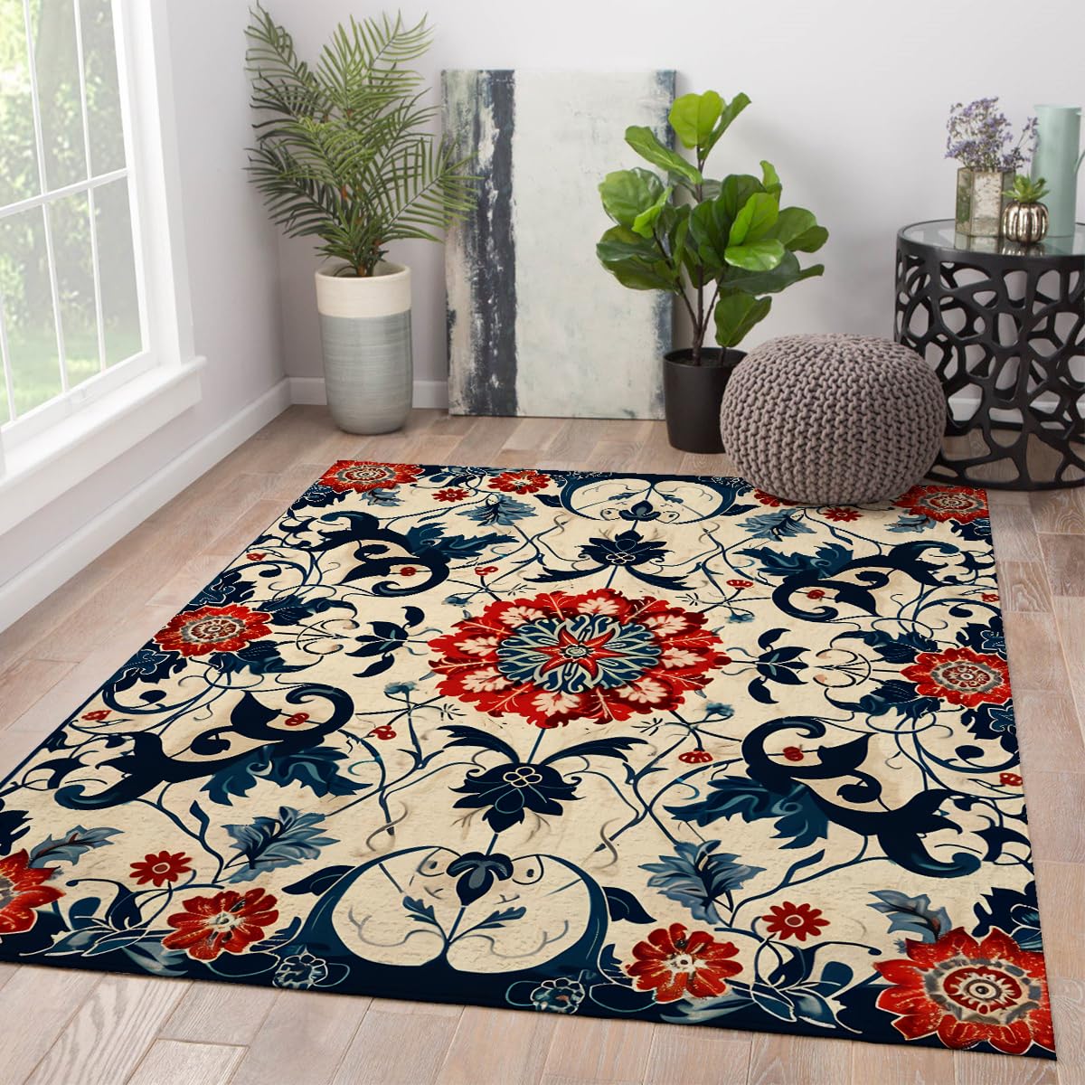 Tapis vintage bleu marine et rouge 180x240cm idéal pour réchauffer l'ambiance de votre salon