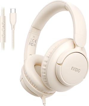 KVIDIO Wired USB C Headphone with Microphone, Over Ear Foldable Type C Corded Headphones with 4.9ft Tangle-Free Cord for Tablet Laptop School Airplane Travel, Beige