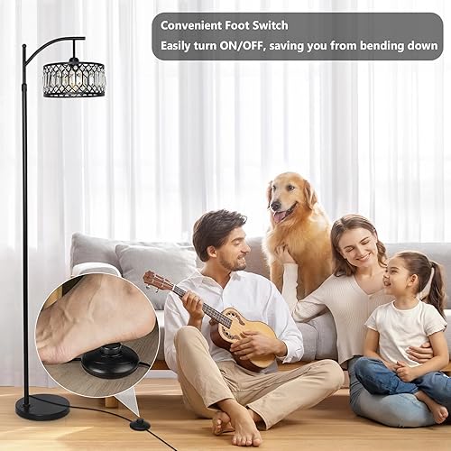 Miniatura 5 de Crystal Floor Lamps for Living Room, Modern Arc Floor Lamp, Black Standing Lamp with Edison Bulb, Height Adjustable Tall Lamp for Bedroom, Corner