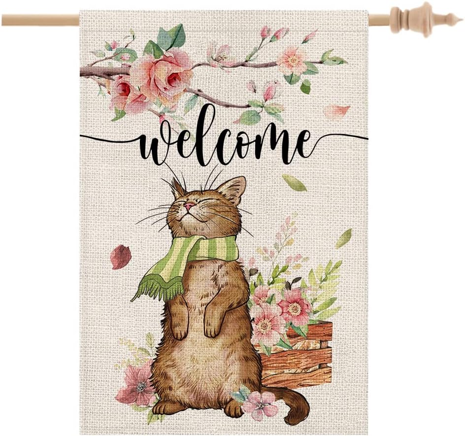 CROWNED BEAUTY Spring House Flag Cat Floral Big 28×40 Inch Double Sided Outside Vertical Holiday Yard Decor CF399-40