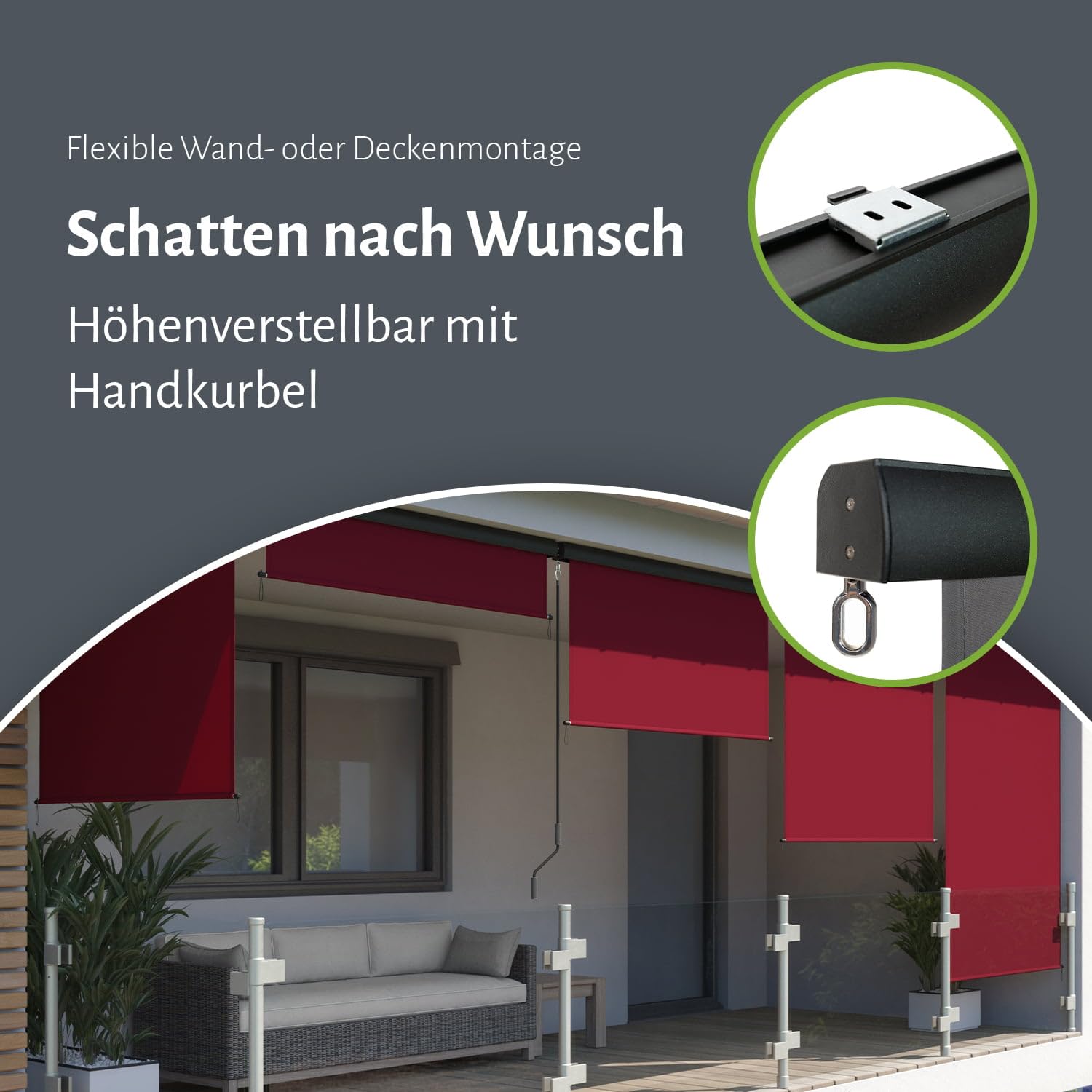 empasa Senkrechtmarkise Master Vertikalmarkise Balkonmarkise Sonnenschutz Balkonsichtschutz Sichtschutz Balkonrollo Rollo mit Handkurbel, Farbe:anthrazit, Größe:240 x 250 cm