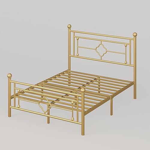Miniatura 38 de HOOMIC Base de cama de plataforma metálica de tamaño individual de 14 pulgadas con estilo victoriano vintage, cabecera y estribo de hierro
