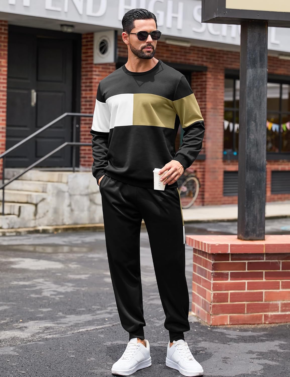 Babioboa Men's Color Block 2 Piece Outfits Long Sleeve Pullover Sweatshirt Tracksuit Jogger Sweatpants Athletic Sweatsuit Set