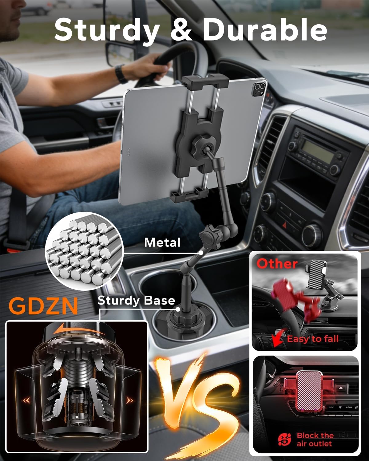 GDZN Car Cup Holder Tablet Mount, 16.5" Height Aluminum Arm with 360° Full Range Rotation, Cup Holder Tablet Holder for Pickup Truck SUV RV, Fits 4.7-15.6" iPad Pro, Air Mini, Galaxy Tab, Phones
