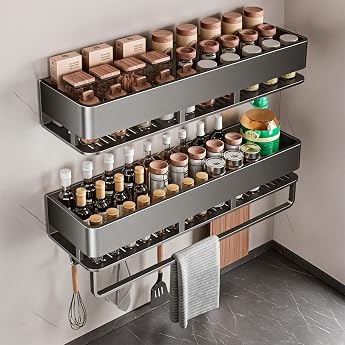 Wall Spice Rack Set of 2 Metal Spice Organizer Gray Kitchen Shelf No Drilling with 5 Hooks Spice Rack Wall Mounted Spice Rack Hanging for Kitchen Shelf 40 cm