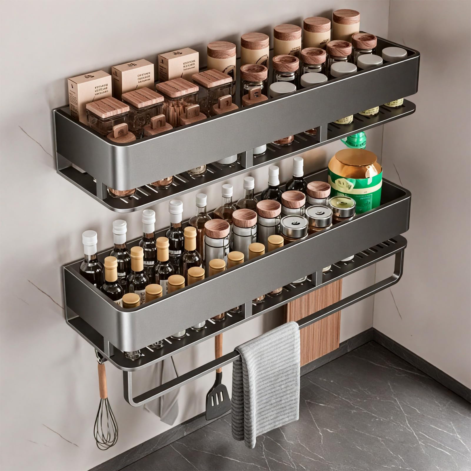 Fooaot Gewürzregal Wand,2er Set Metall Gewürz Organizer,Grau Küchenregal Ohne Bohren Mit 5 Haken, Gewürzständer,Wandmontage Gewürzregal Hängend für Küchenablage,40cm Küche, Haushalt & Wohnen