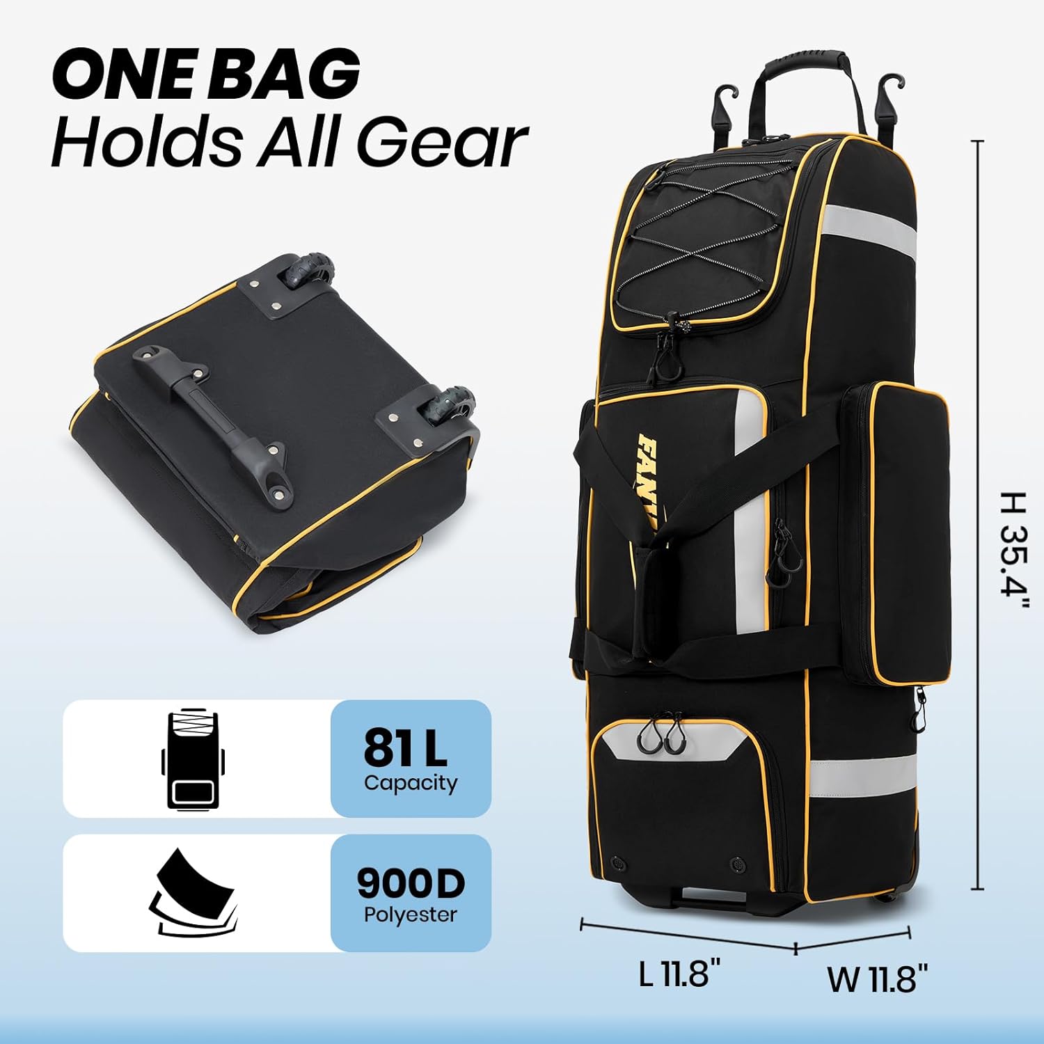 Fanwoli 81L Rolling Baseball Bag with Wheels, Softball Catchers Gear Bags for 4 Bats (Fits Up To 34), Separate Shoe Compartment, Safety Reflective Strip, Fence Hook, Foldable T-Bag for Youth & Adult