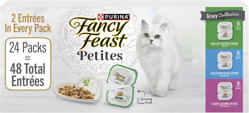 Purina Fancy Feast Petites Paquete variado de comida húmeda para gatos con salsa, 2.8 oz, paquete de 24 | 48 porciones individuales elaboradas con Pollo o Pescado, y sin colorantes ni conservantes artificiales. Cómodas bañeras desmontables