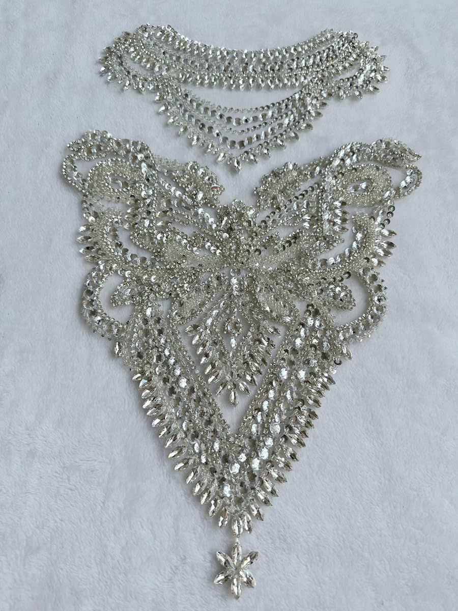 Handmade Rhinestones Applique sew on lace Crystal Sequins Trim Patches Accessories for Dress Clothing Neckline and Chest Decorative Material 2PCS/Set (Silver)