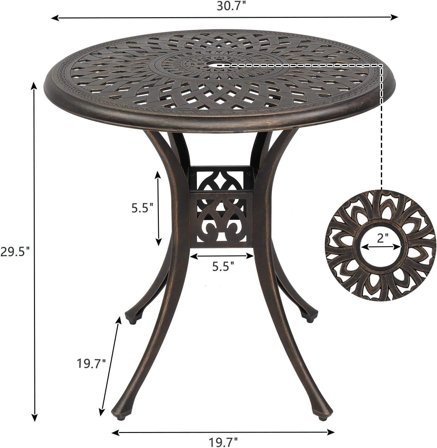 Patio Bistro Dining Table with Umbrella Hole,Cast Aluminum Backyard Bistro Round Table, Outdoor Garden Furniture Table