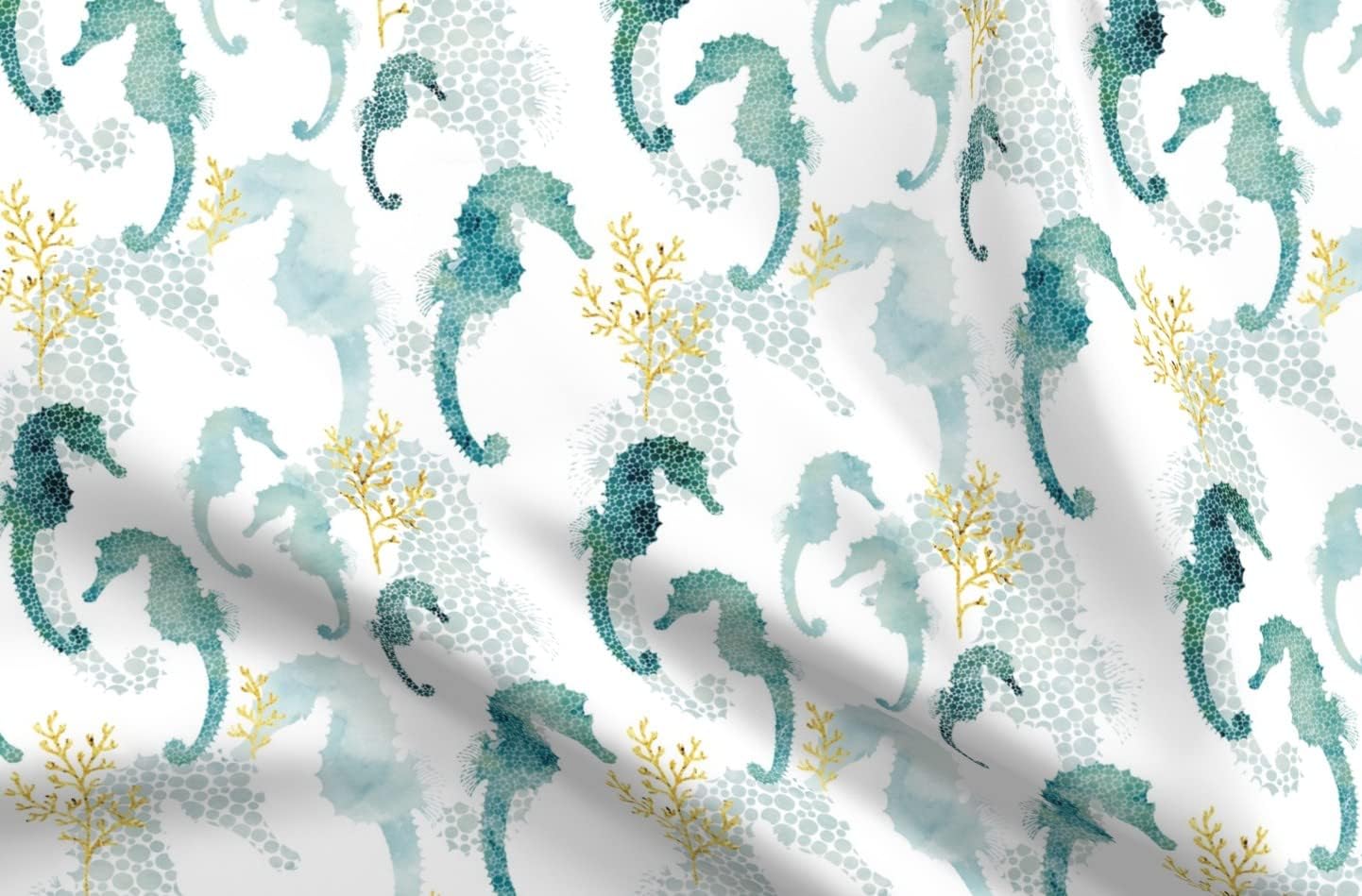 Spoonflower Fabric - Pointillism Seahorse Seaweed Pattern Turquoise Blue Watercolor Ocean Printed on Organic Cotton Sateen Fabric by The Yard - Sewing Quilting Apparel Home Decor