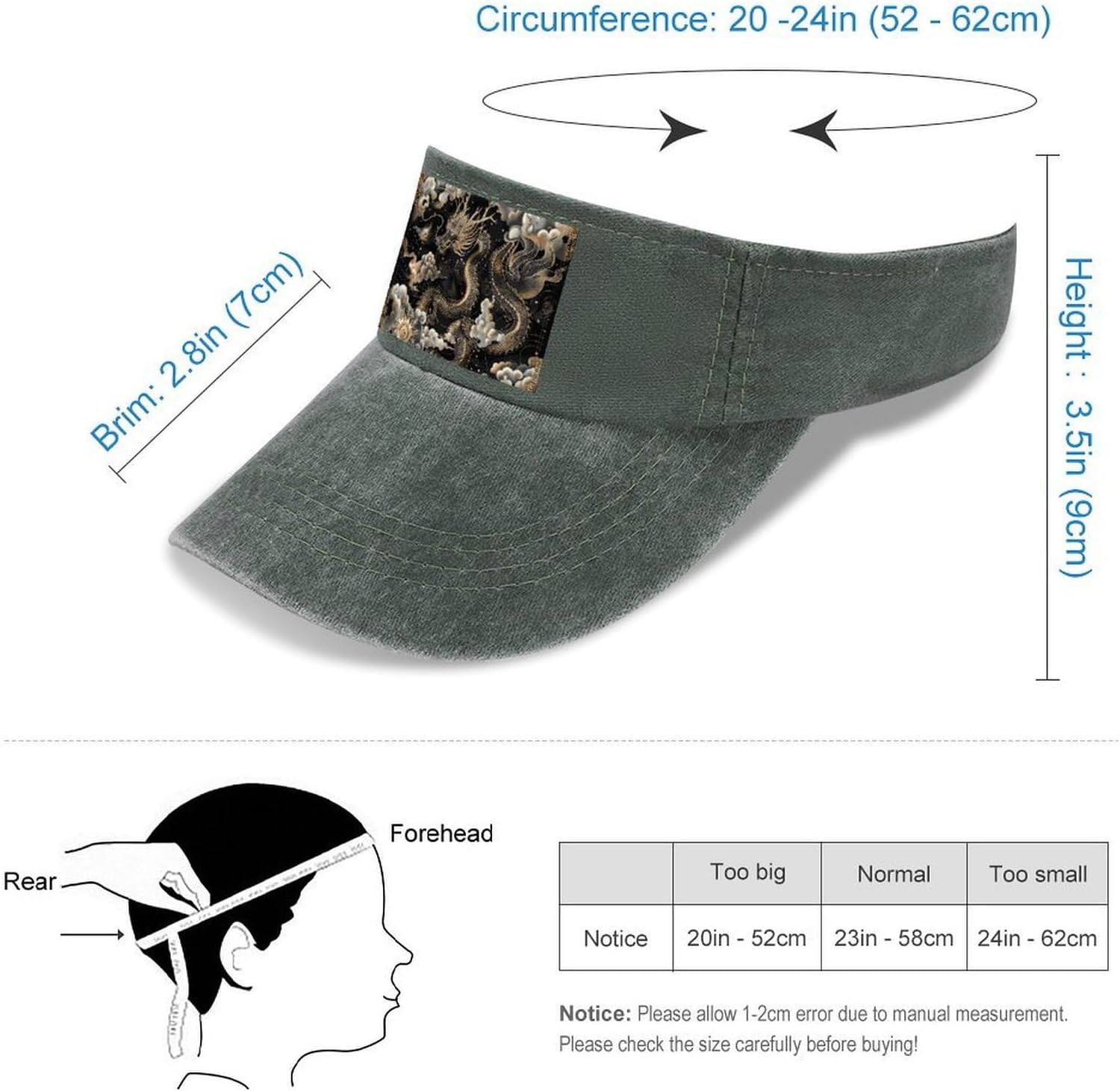Sport Sun Visor Hats Adjustable Black Chinese Dragon Empty Top Baseball Cap for Women and Men Outdoor Activities