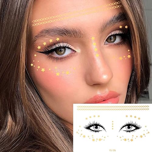 Miniatura 4 de Uranian Calcomanías temporales para tatuajes faciales dorados, pecas, calcomanías para mujeres, transferencia de mariposas, tatuajes metálicos,
