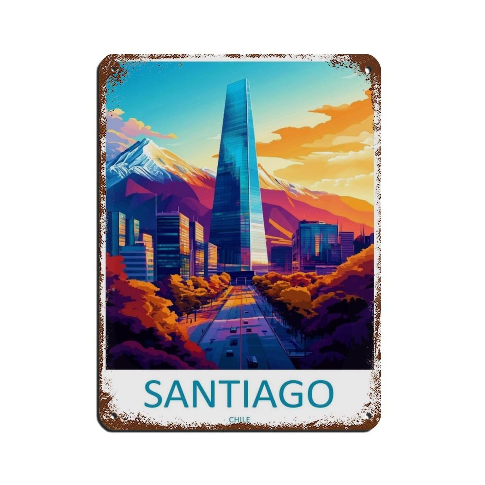 Santiago Travel Art Chile Tin Sign Vintage Metal Pub Club Cafe Bar Home Wall Art Decoration Poster Retro 12x16inch(30x40cm)