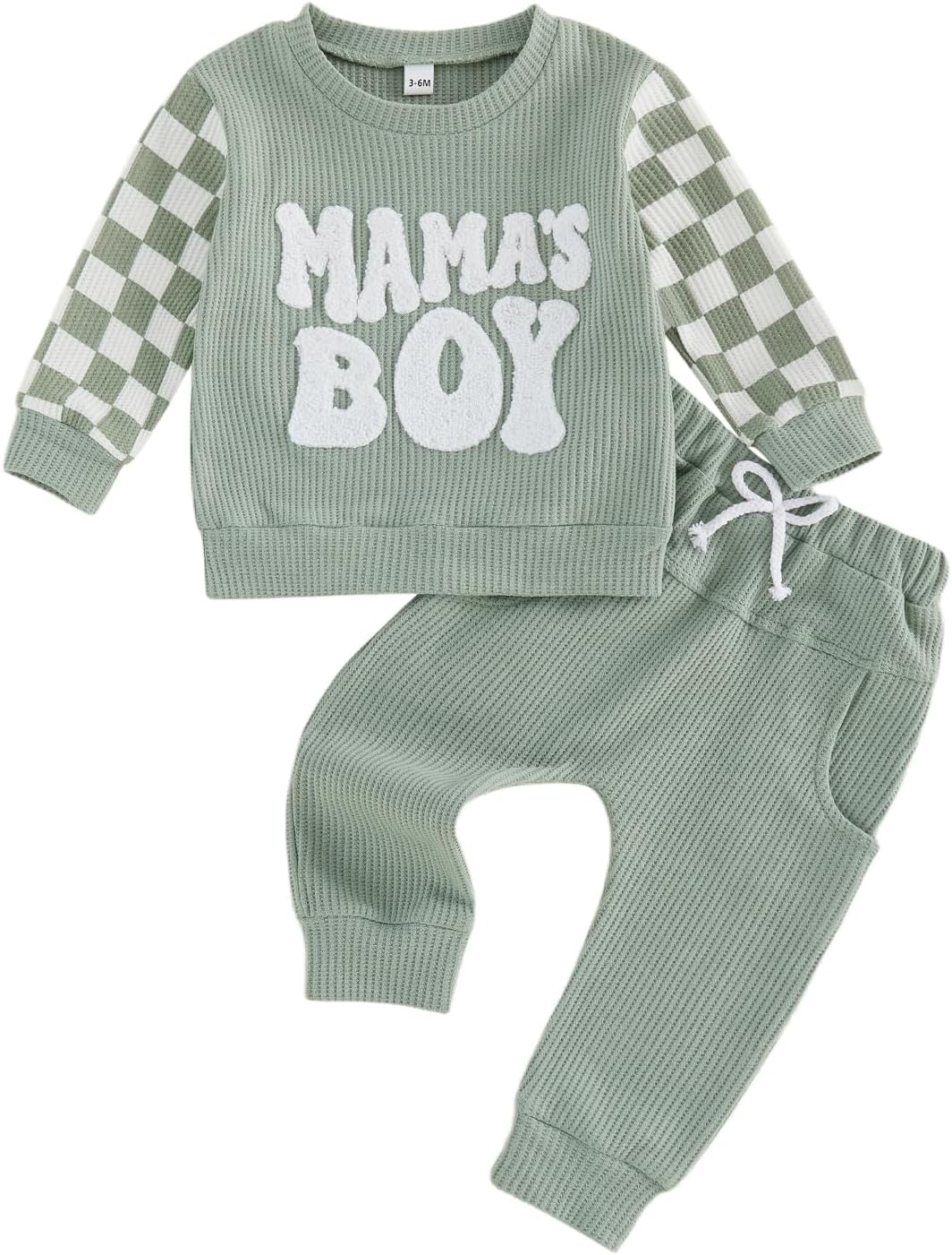 FOCUSNORM Toddler Baby Boy Fall Clothes Waffle Winter Outfits Letter Checkerboard Long Sleeve Sweatshirt and Pants 2 Pcs Sets