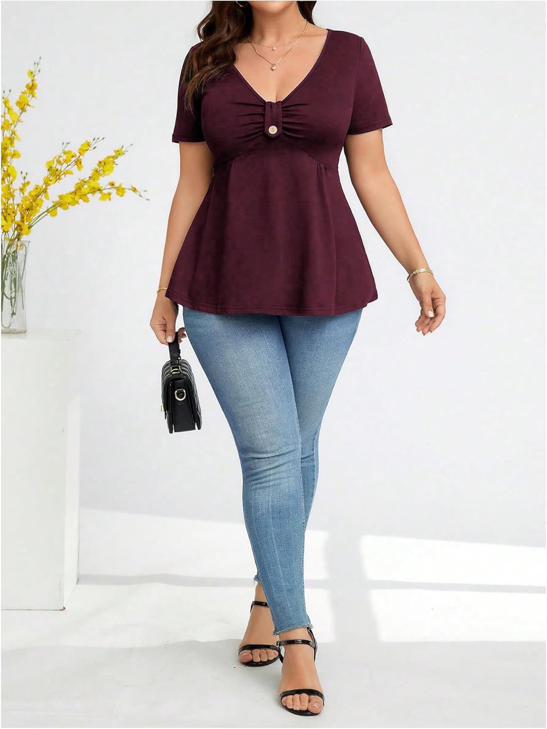 SOLY HUX Women's Plus Size Peplum Tops Casual Ruched Ruffle V Neck Short Sleeve T Shirts Cute Tees - Image 5