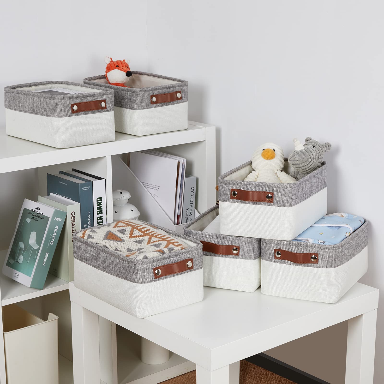 DULLEMELO Aufbewahrungskörbe zum Organisieren, kleine Stoffkörbe für Regale, Schränke, Kinderzimmer, Zuhause, Büro, leere Geschenkkörbe (6 Stück, Grau und Weiß)