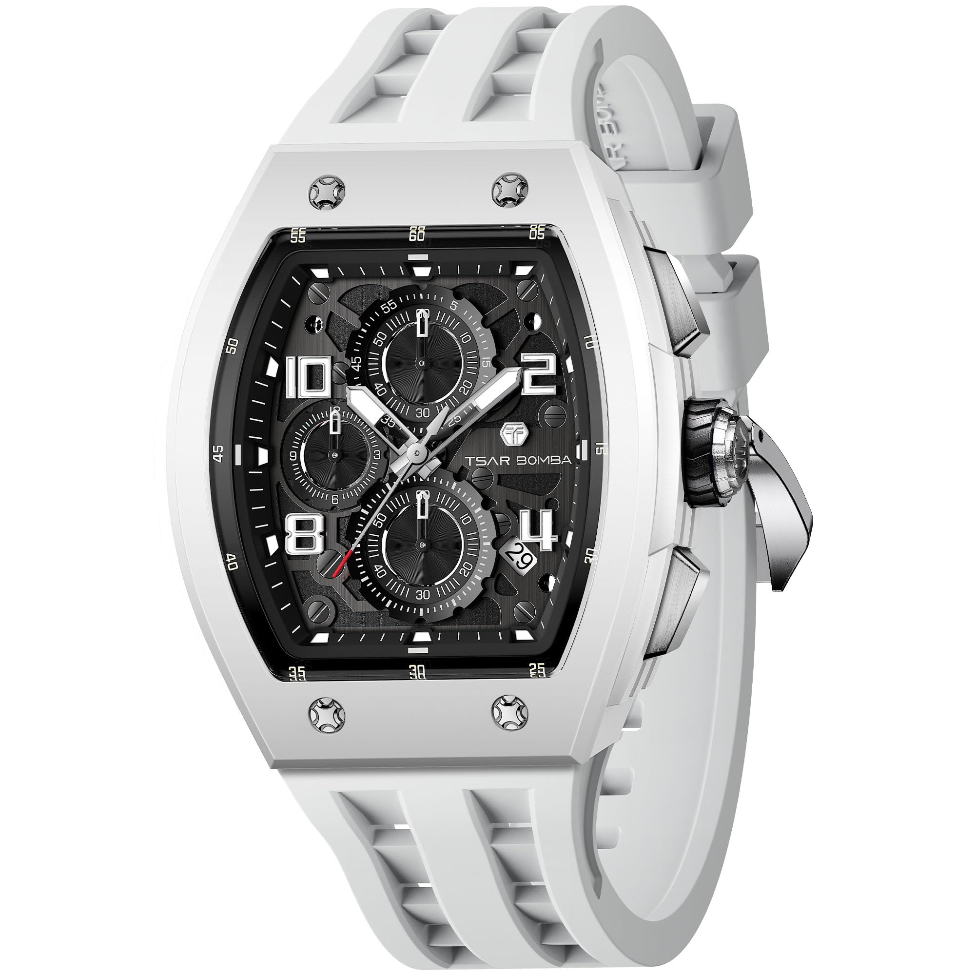 TSAR BOMBA Herrenuhr Armbanduhren für Herren wasserdichte Herren Uhren Schwarzes Armband Silbernes Edelstahlgehäuse Saphirglas Chronograph Datum Japanisches Quarzwerk Geschenke Luxus 8224/8204 Serie