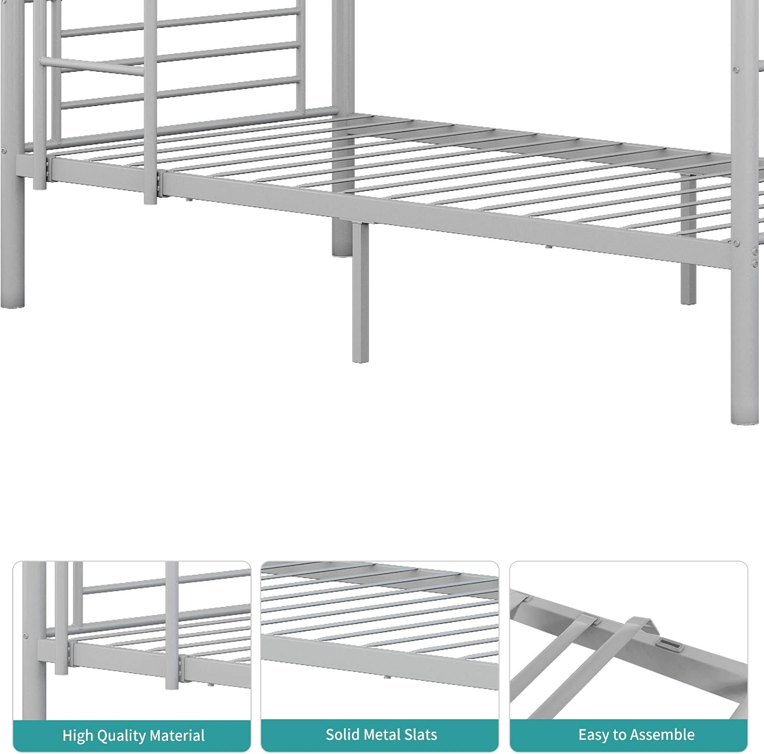 mecor Twin Over Twin Metal Bunk Bed / Sturdy Frame with Metal Slats / Safety Guard Rail & Removable Ladder / for Kids, Teens, Adults - Silver Grey