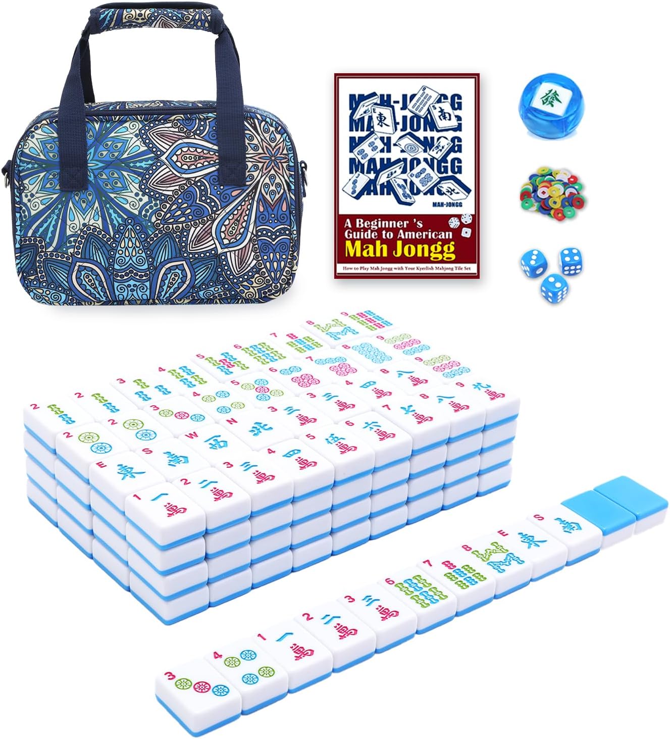 American Mahjong Tile Set with Printed Handbag, 166 Premium Blue Tile and Accessories, Portable and Stylish Mahjong Set, Mahjong Game Set for Travel, Gifts（Blue, No Racks）