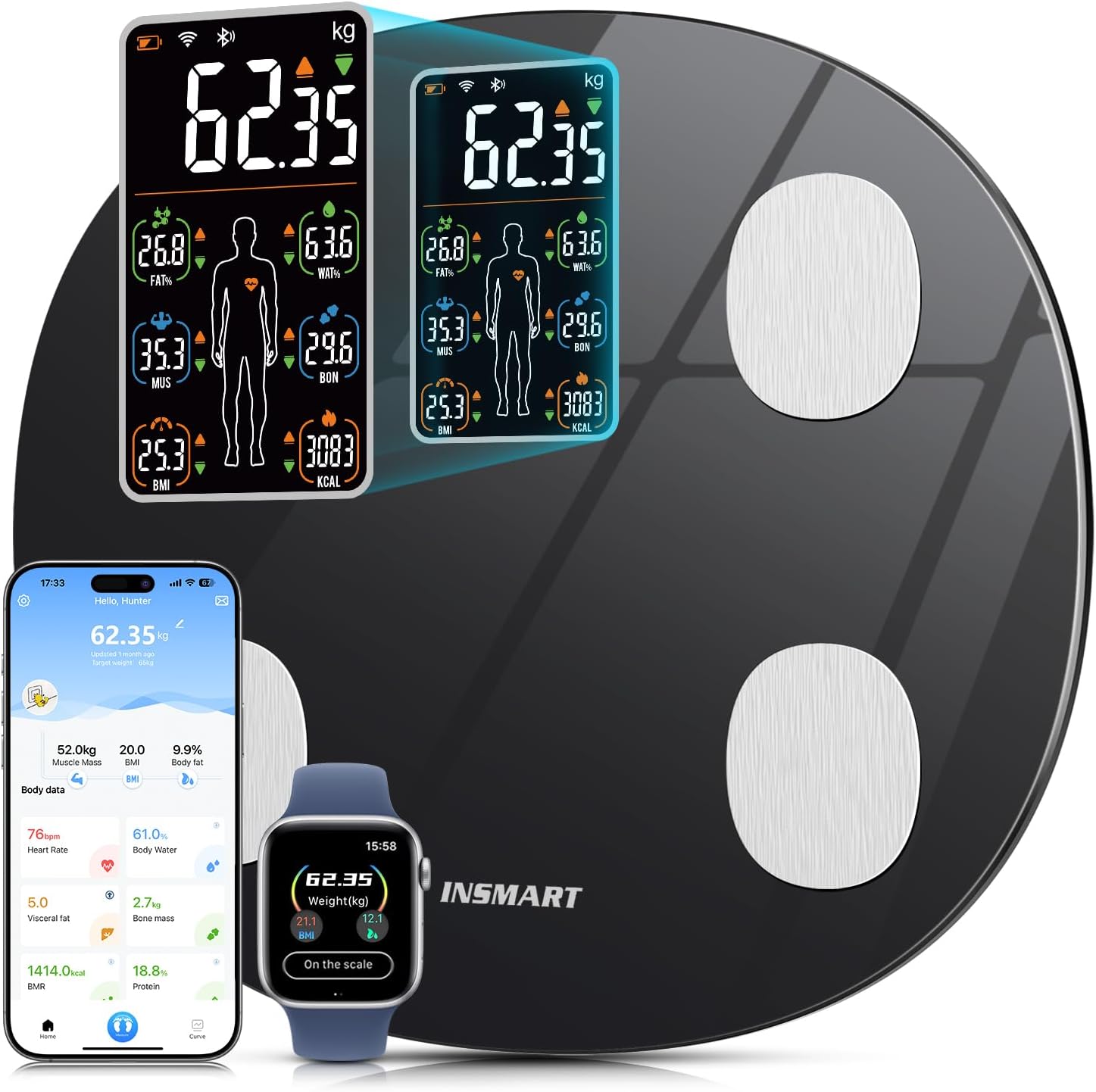INSMART Scales for Body Weight, Updated Weighing Scales for Bathroom,Bluetooth Digital Smart Scales with Heart Rate,Heart Index & Body Balance Function for Fitness (180 Kg / 28 St / 396 Lb) (Black)