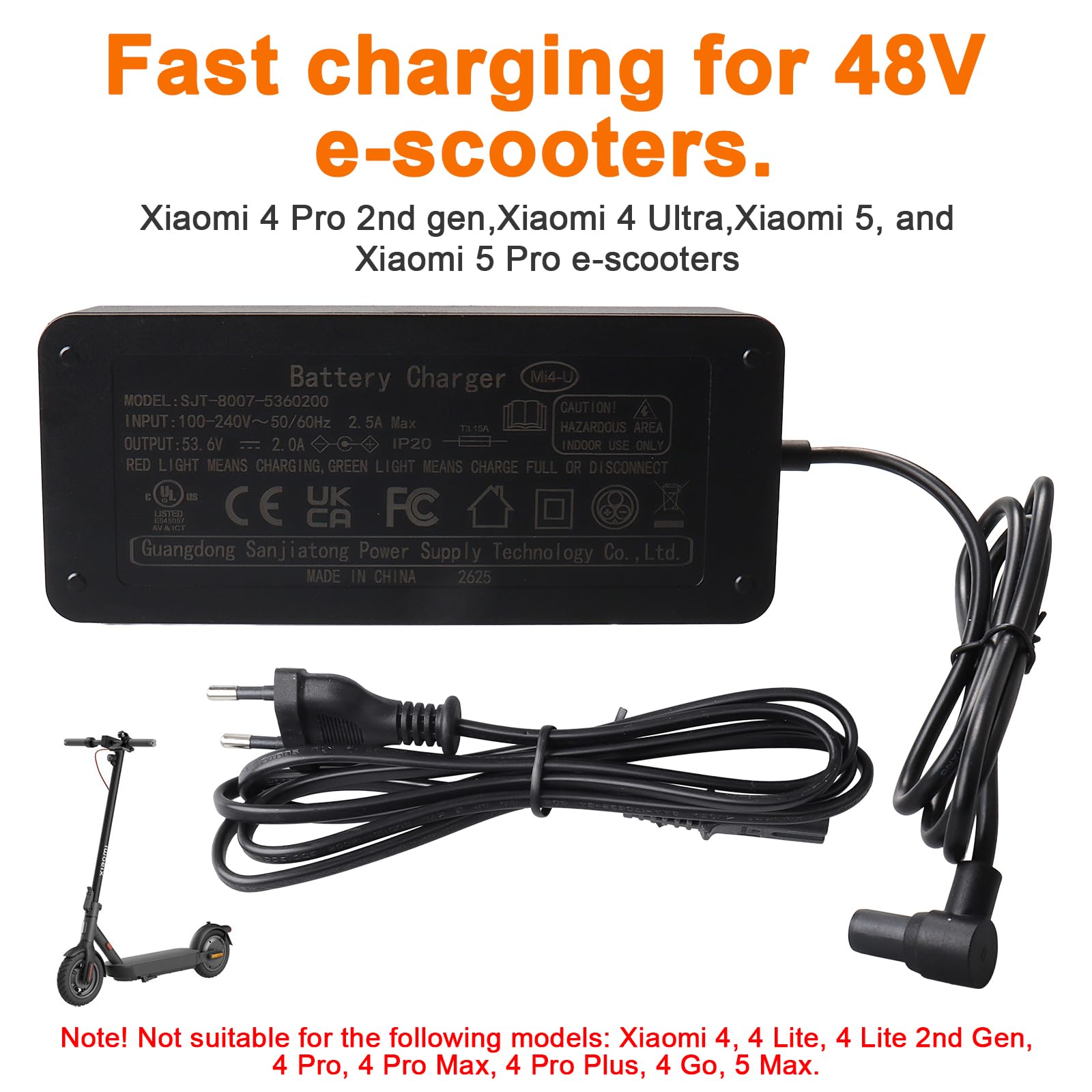 Chargeur 53,6 V 2 A pour Trottinette électrique, Compatible avec Les Batteries Lithium 48 V, Notamment Les Xiaomi 4 Pro 2e Génération, 4 Ultra, 5, 5 Pro et Les Hoverboards/Vélos électriques