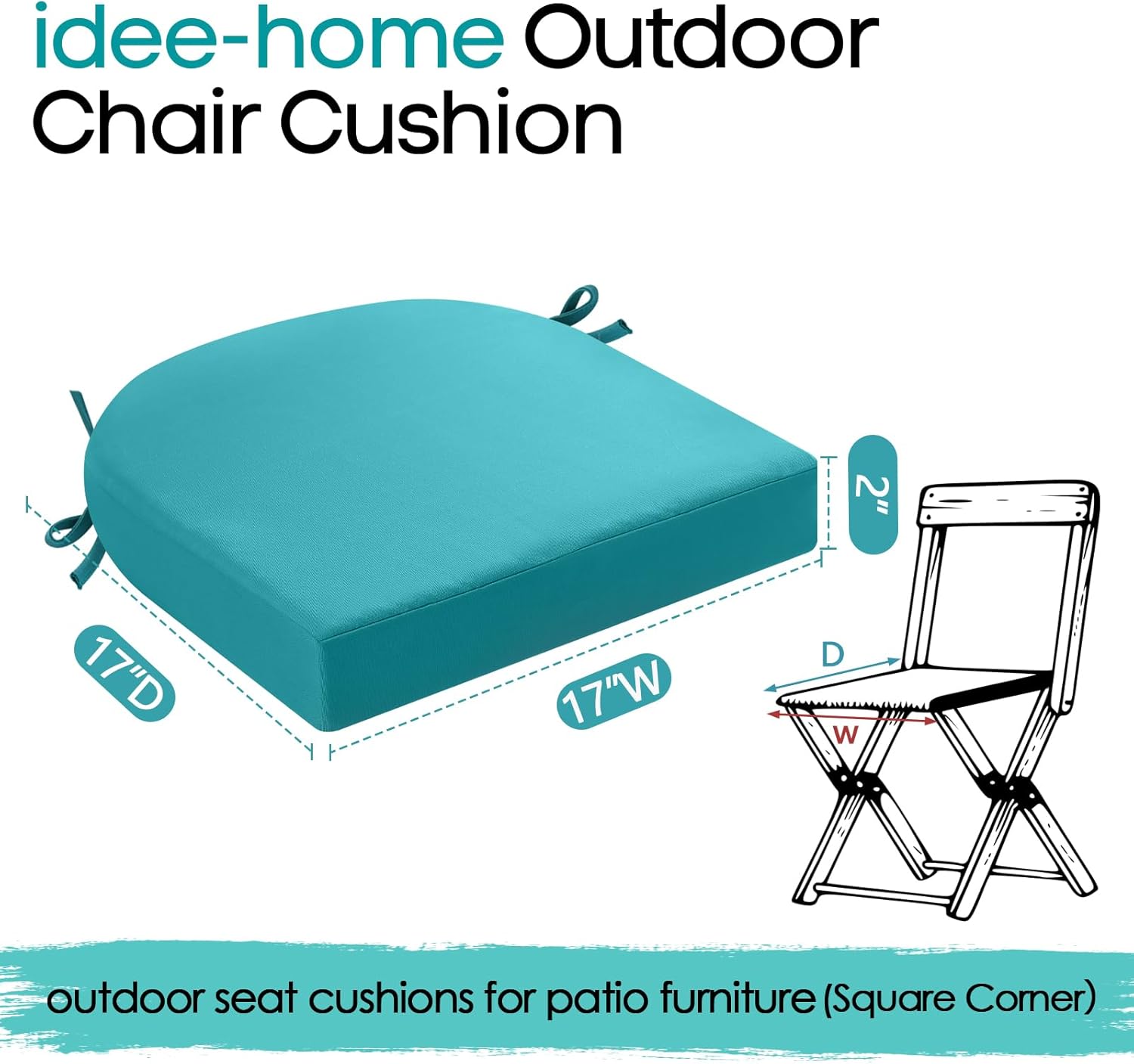 idee-home Outdoor Chair Cushions Set of 2, Thick 17" x 17" Outdoor Seat Cushions Patio Furniture Waterproof with Ties, Dining Pads
