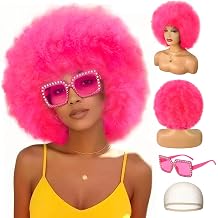 Colored Afro Wigs for Women Men 70s and Disco Sunglasses Set, Funny Wig with Curly Bouncy Huge Fluffy Puff and Oversize Retro Rhinestone Sunglasses - for Costume Cosplay Party Rose red