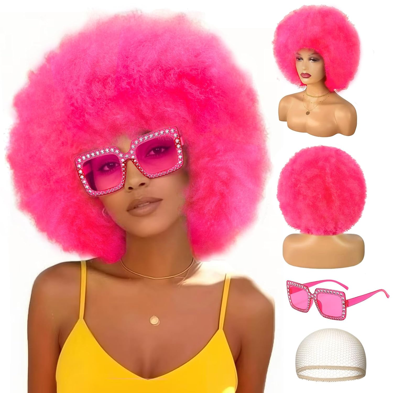 Colored Afro Wigs for Women Men 70s and Disco Sunglasses Set, Funny Wig with Curly Bouncy Huge Fluffy Puff and Oversize Retro Rhinestone Sunglasses - for Costume Cosplay Party (Black)