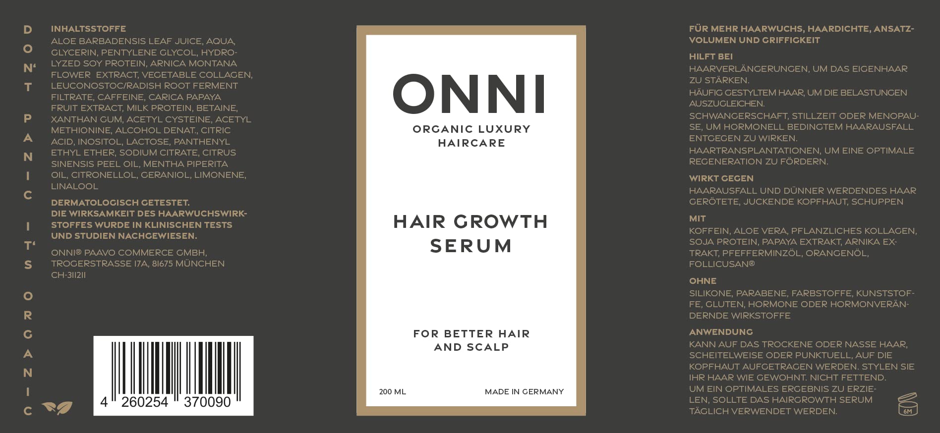 ONNI Serum do porostu włosów, organiczne serum do wzrostu włosów, 200 ml, bez silikonów, siarczanów, parabenów, do pielęgnacji włosów, przeciw swędzącej skórze głowy, wyprodukowano w Niemczech, znane