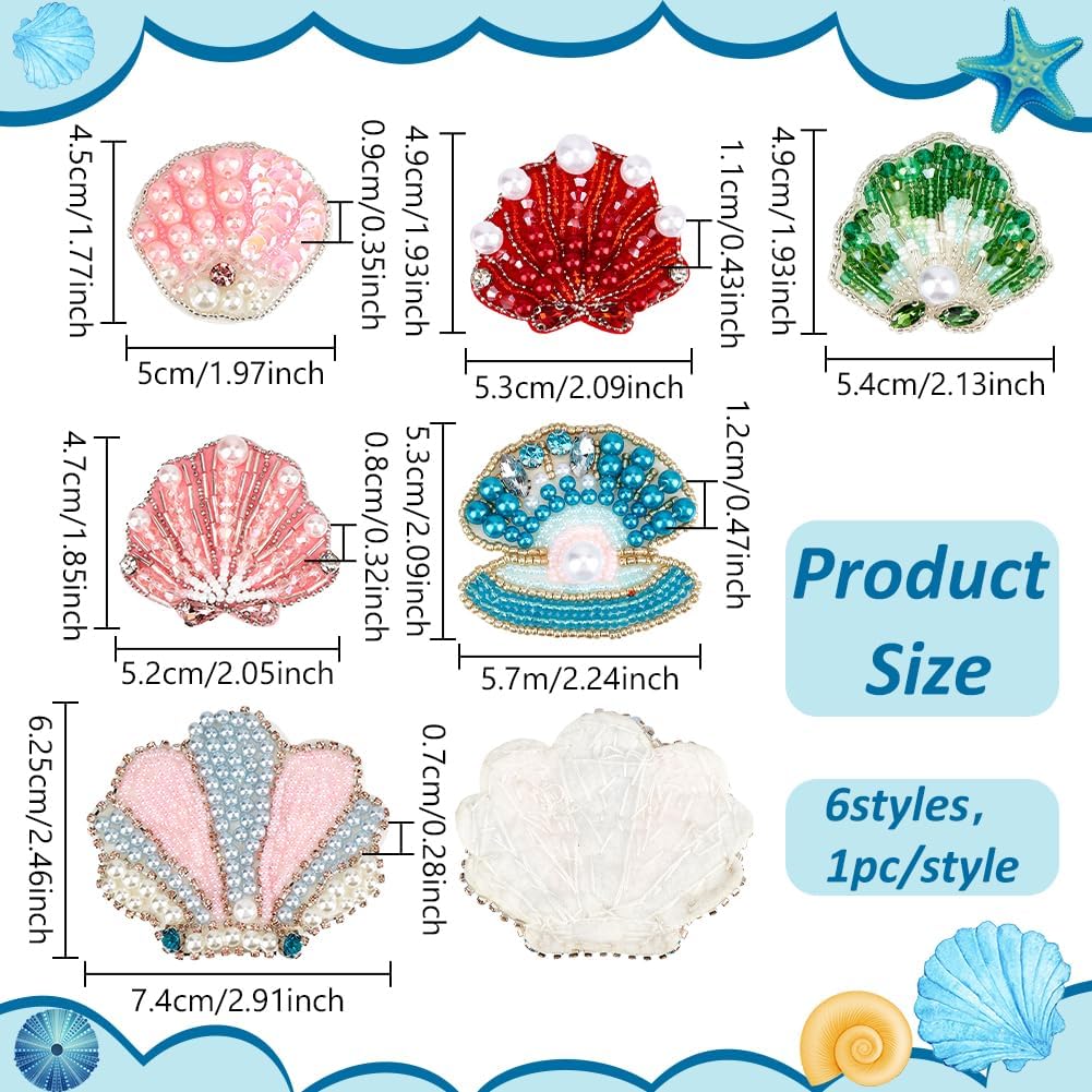 PH PandaHall 6 Styles Sea Shell Embroidery Patch Ocean Sew on Patches Beaded Rhinestone Applique Patch Beach Fabric Patch with Pearl for DIY Clothing Sewing Dress Hat Shoes Handbag Jeans Summer Decor